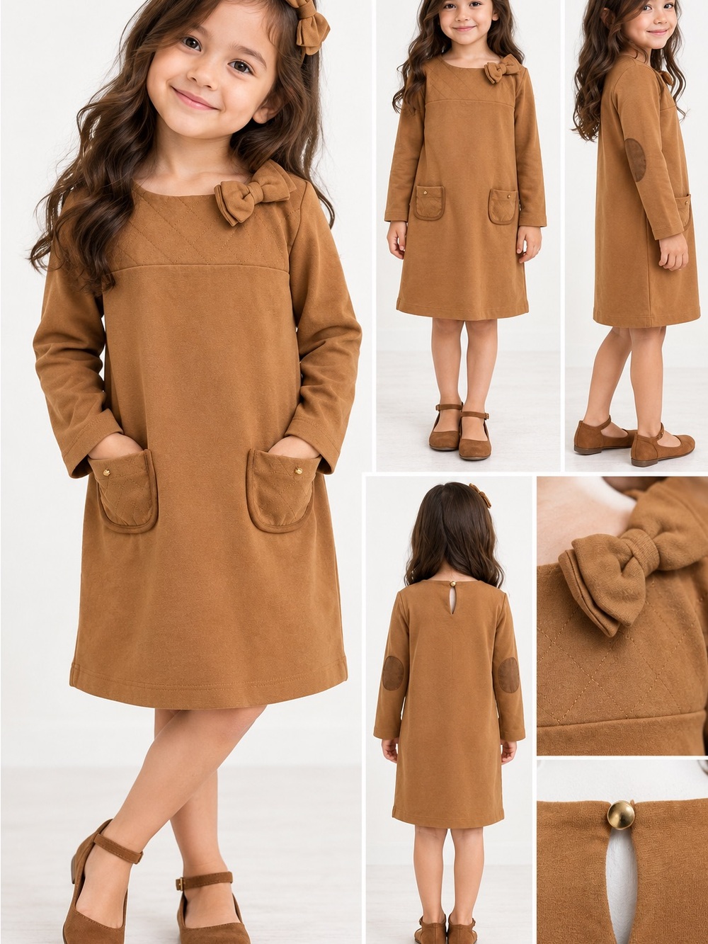 Girls' Camel Bow-Accent Long Sleeve Dress. Organic Cotton